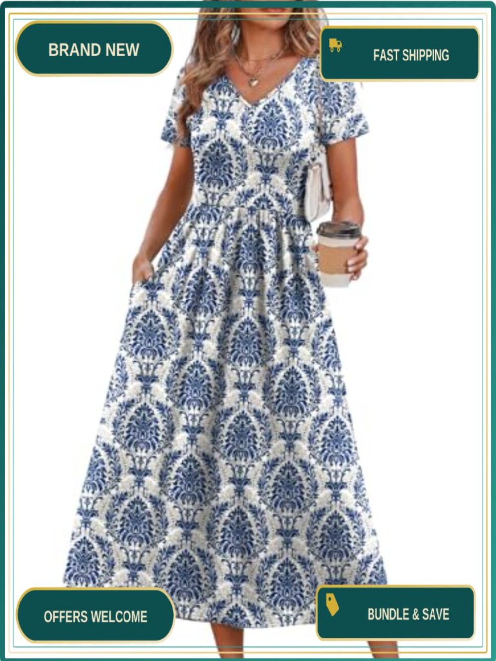 Women's Flowy A-Line Midi Sundress V-Neck Short Sleeve Casual Beach Dress